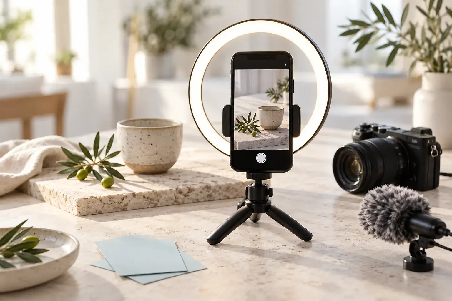 Set fotografico con smartphone su treppiede e luce ad anello