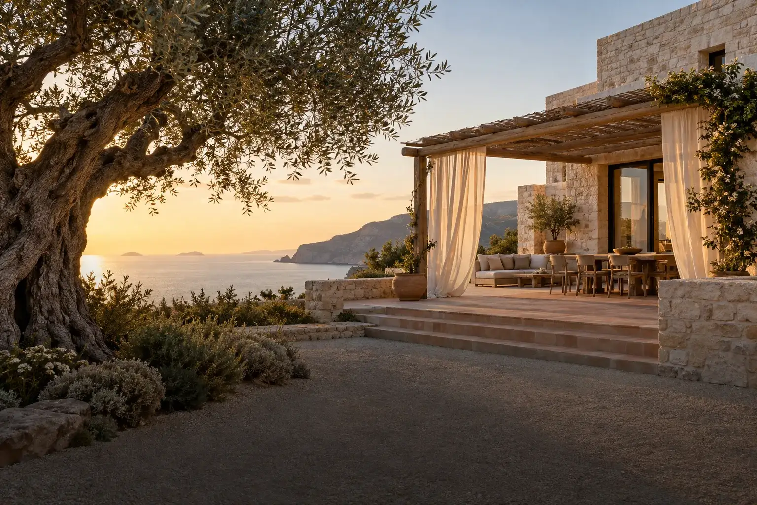 Casa mediterranea in pietra con pergolato, ulivo secolare e mare al tramonto