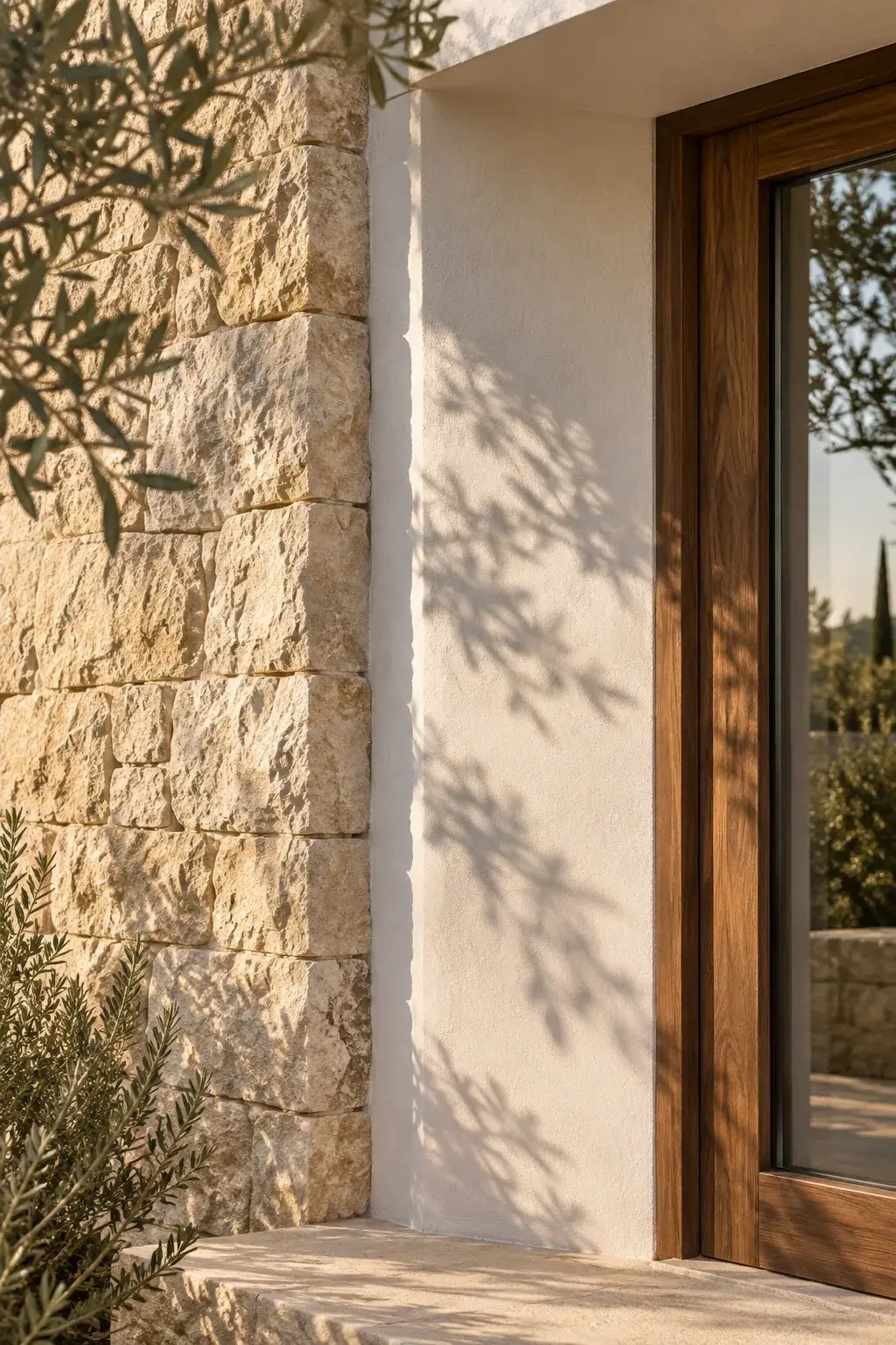 Dettaglio di pietra, intonaco a calce e serramento in noce alla luce radente