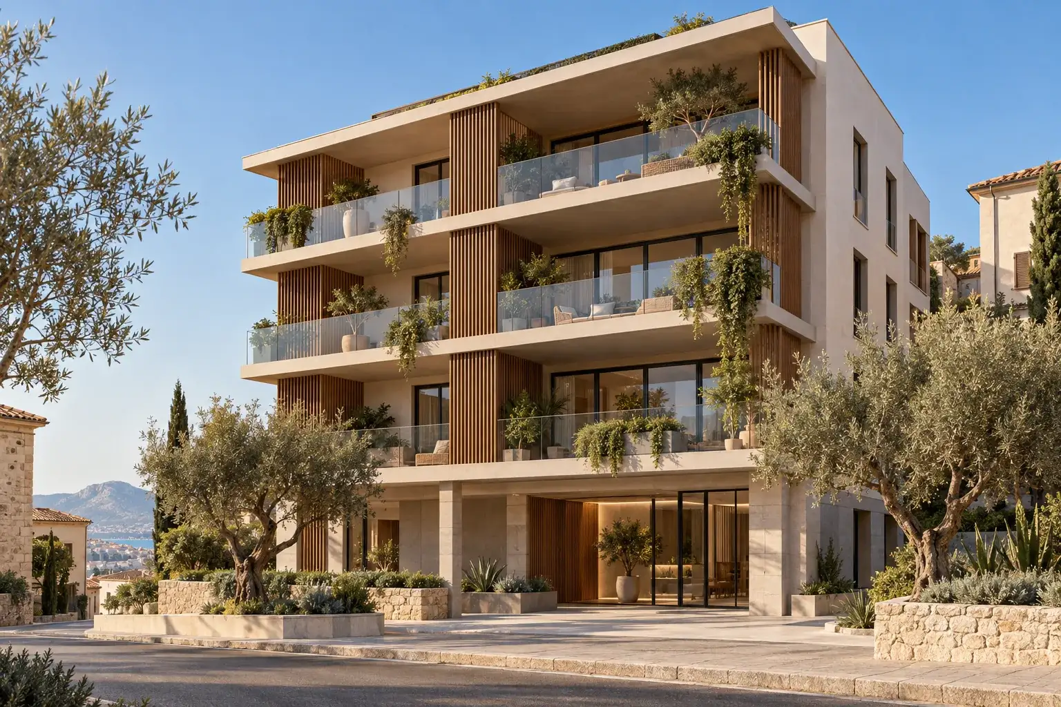 Rendering: palazzina residenziale contemporanea con balconi e ulivi