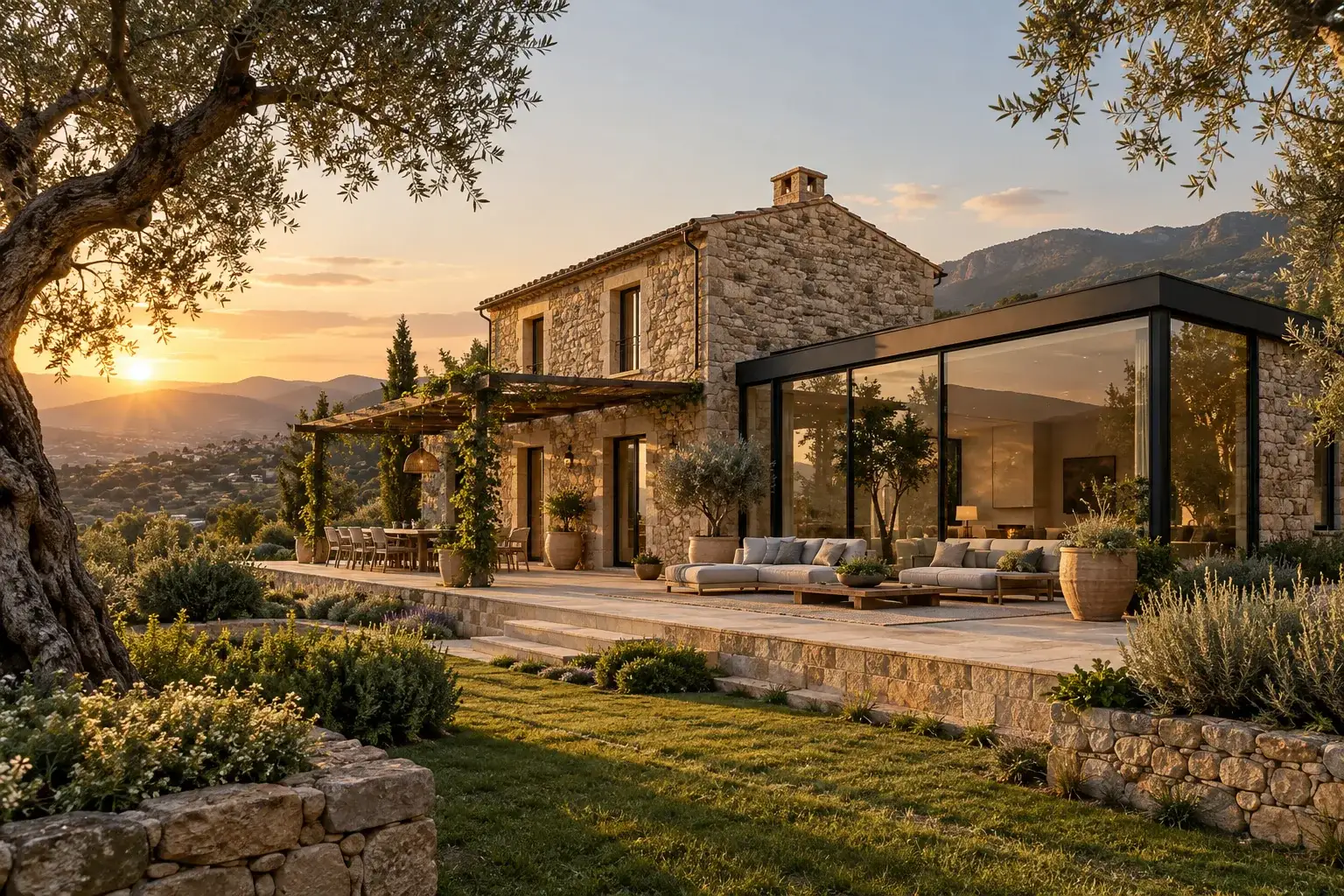 Rendering: casale in pietra ristrutturato con nuovo volume in vetro