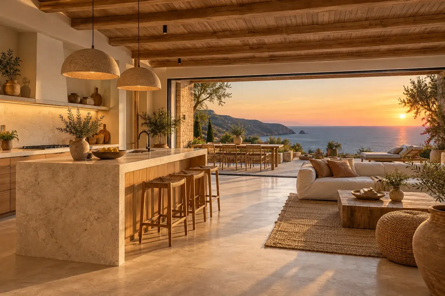 Rendering: cucina e soggiorno open space con vista sul mare