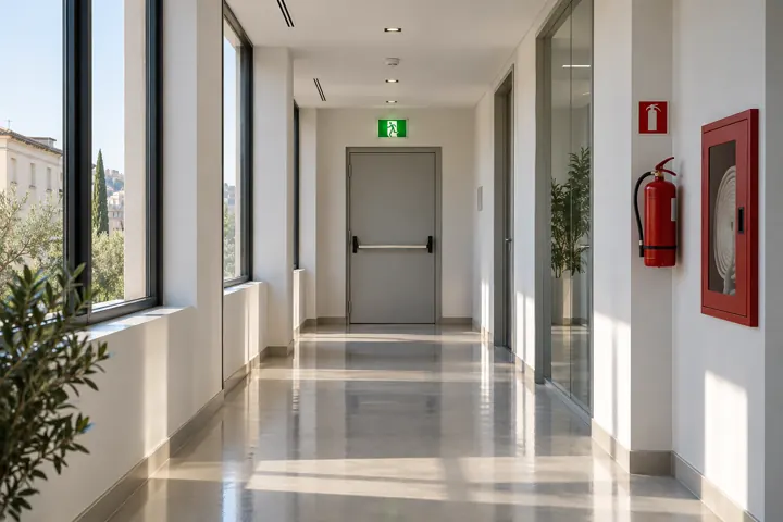 Corridoio con segnaletica di emergenza ed estintore