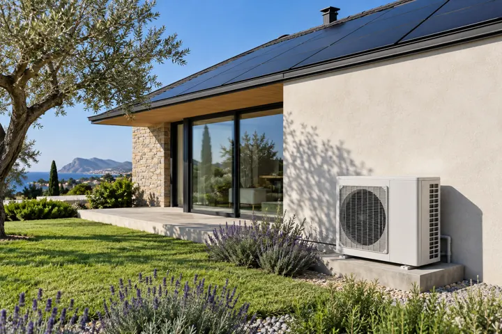 Casa moderna con pannelli fotovoltaici e pompa di calore