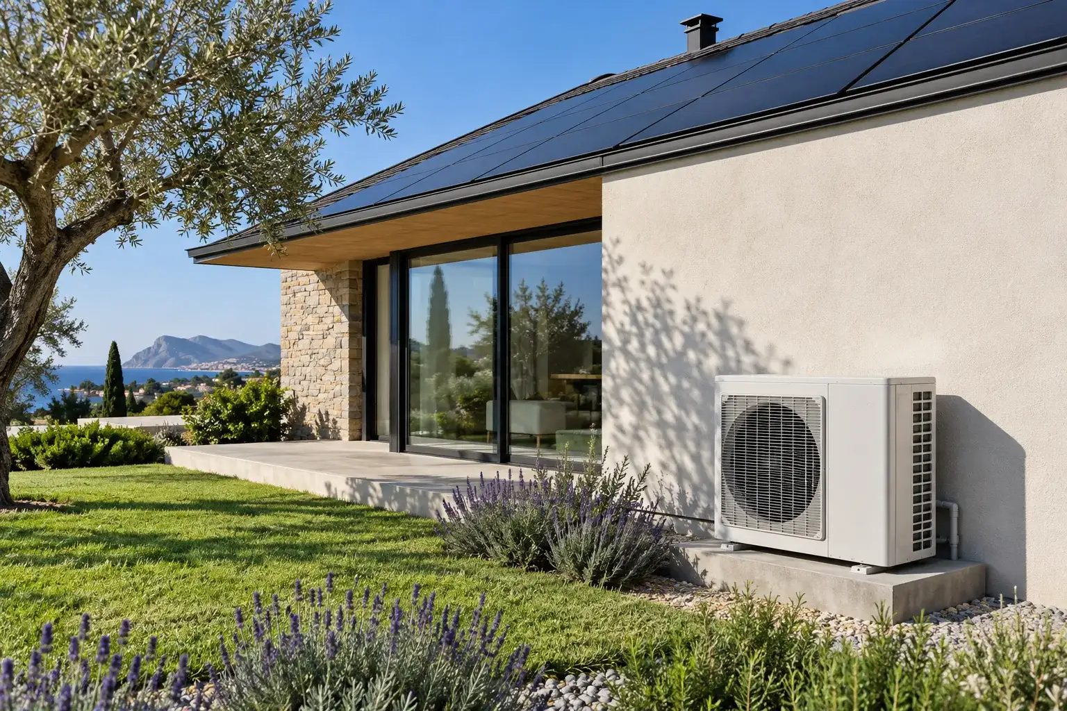 Casa moderna con pannelli fotovoltaici e pompa di calore